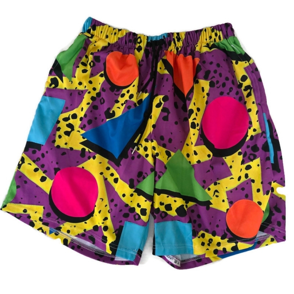 80's Swim Trunks Iconic Retro Geometric Pattern Mesh liner Pockets - Picture 4 of 4